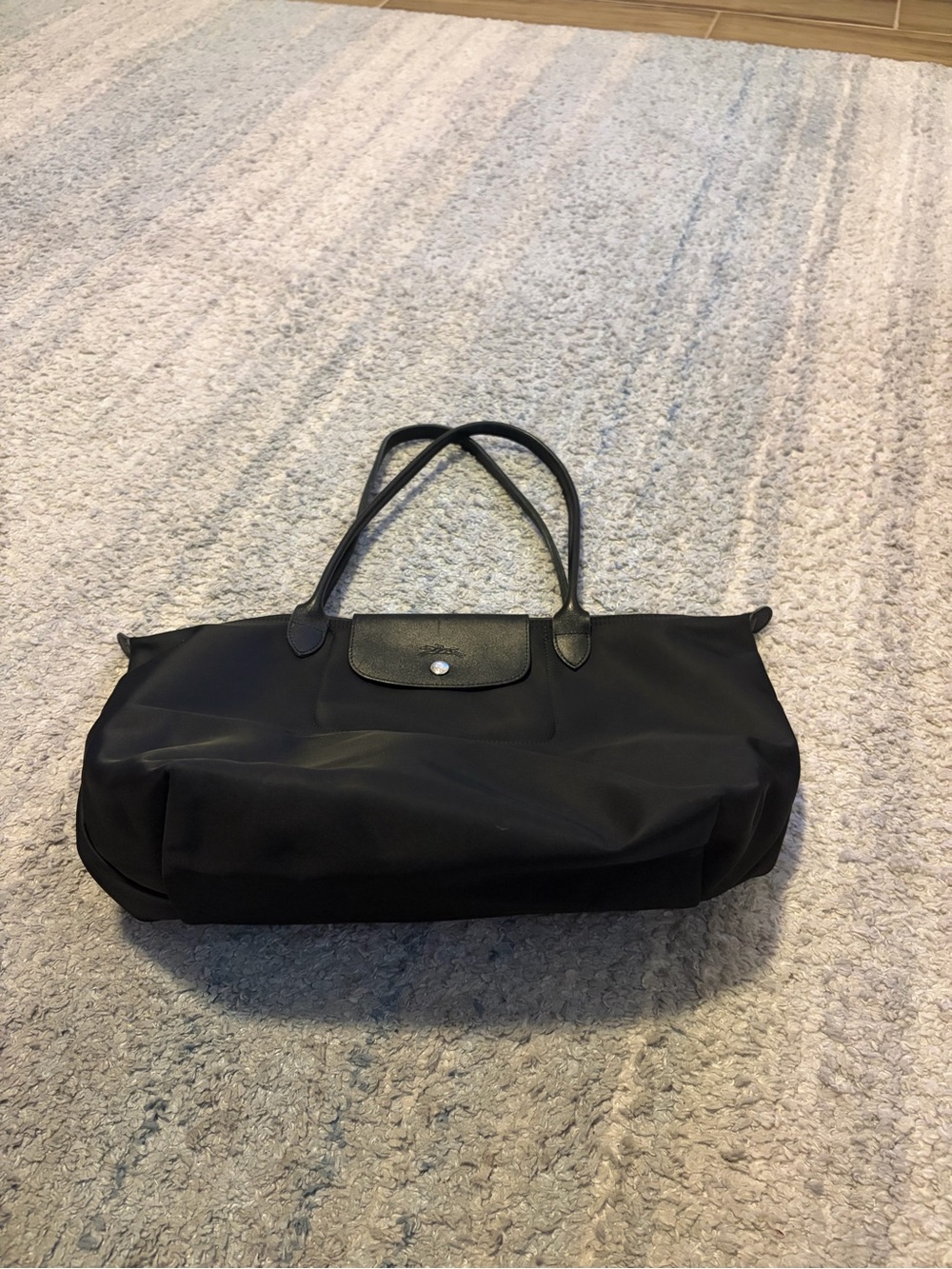 Longchamp Le Pliage Black Nylon Leather Zip Tote Shoulder Bag Large